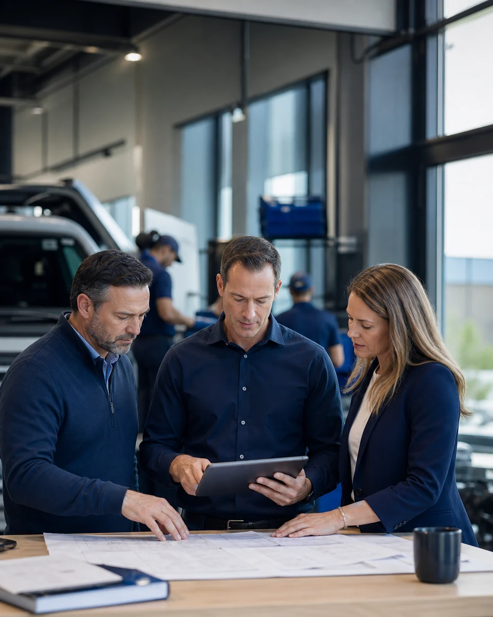 Established local service business leaders reviewing growth operations